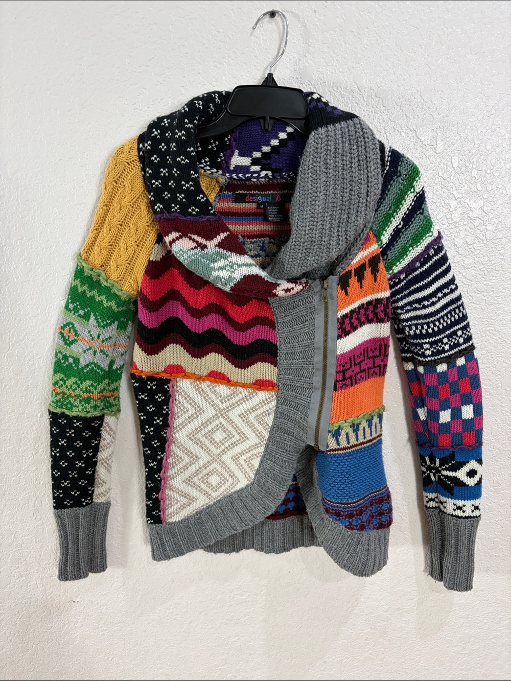 Desigual Multicolor Patchwork Zip-Up Sweater with Gray Trim,Size M. - Picture 1 of 17